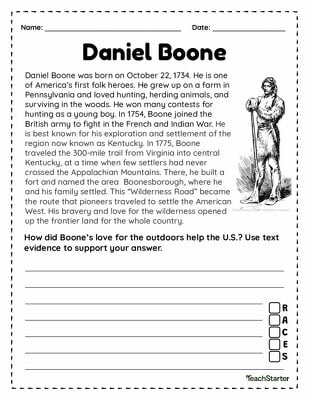 Daniel Boone Constructed Response Worksheet teaching resource