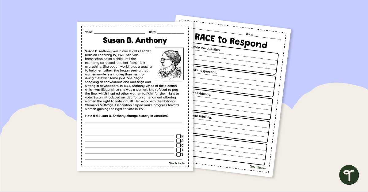 Susan B. Anthony Constructed Response Worksheet teaching resource