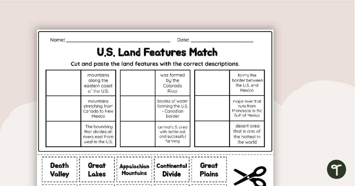 U.S. Land Features Matching Worksheet teaching resource