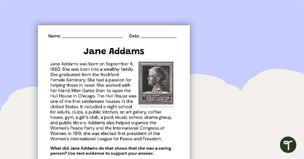 Jane Addams Biography - Worksheet teaching resource