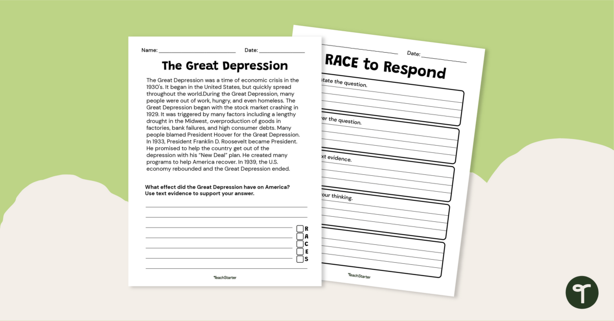 Great Depression Constructed Response Worksheet teaching resource