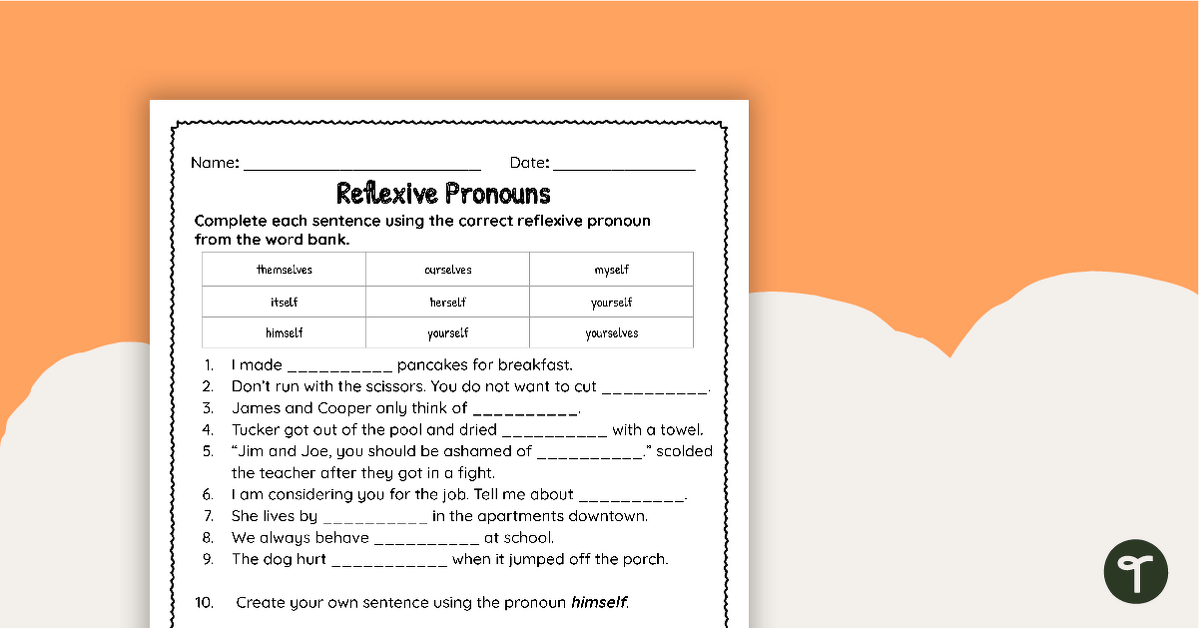 Reflexive Pronoun Worksheet teaching resource