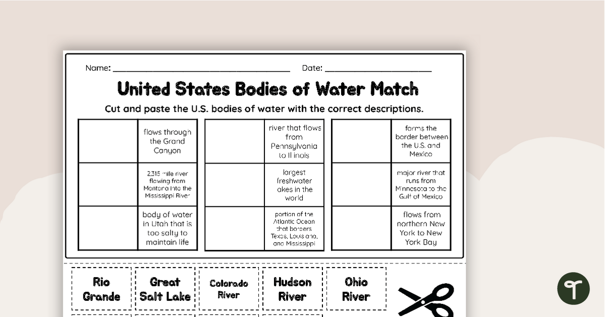 U.S. Geographic Features - Bodies of Water Worksheet teaching resource