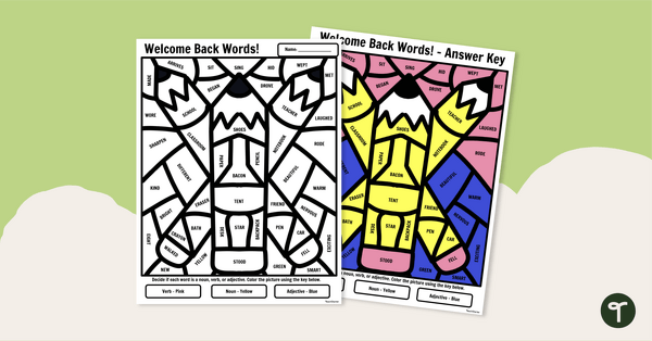 Image of Color-by-Code Parts of Speech- Back to School Worksheet