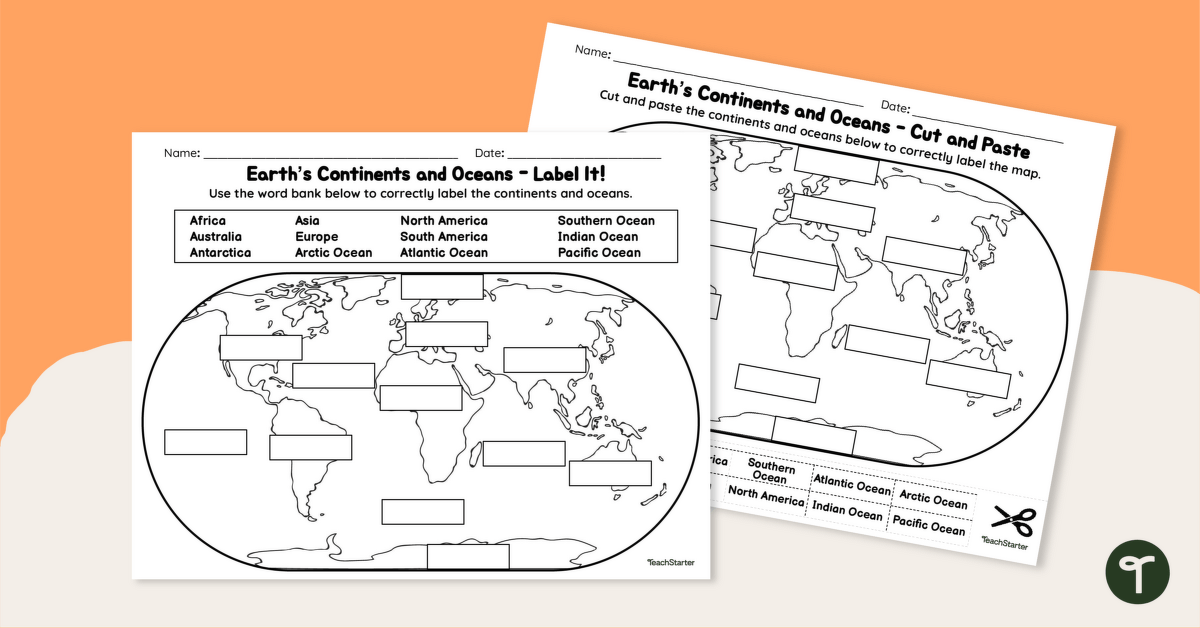 Labelling the Continents and Oceans Worksheets teaching resource