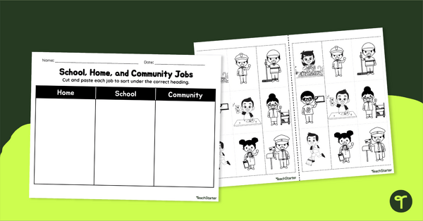 School, Home, and Community Jobs Worksheet teaching resource