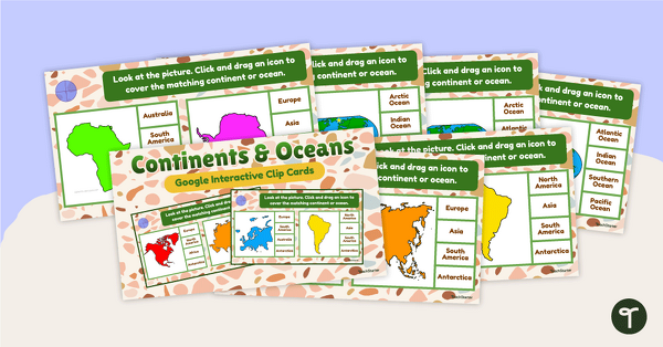 Continents and Oceans Interactive Clip Card Center teaching resource