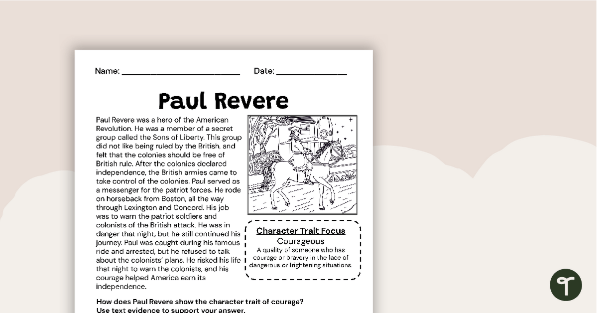 Paul Revere Constructed Response Worksheet teaching resource