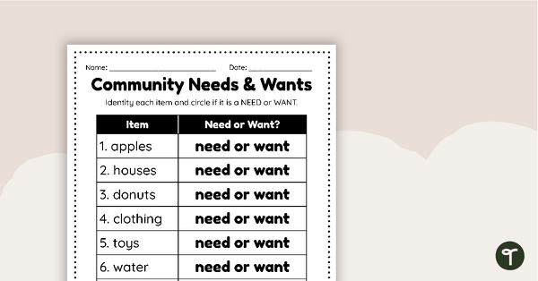 Image of Community Needs and Wants Worksheet