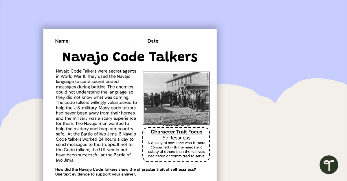 Navajo Code Talkers Constructed Response Worksheet teaching resource