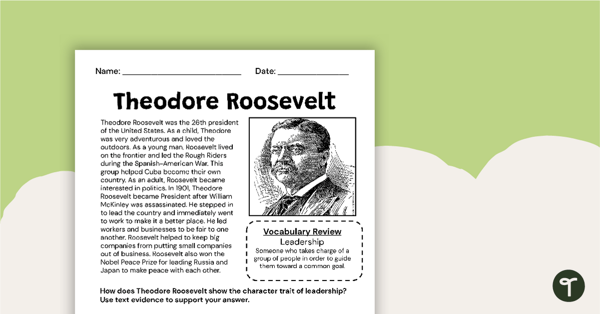 Theodore Roosevelt Constructed Response Worksheet teaching resource