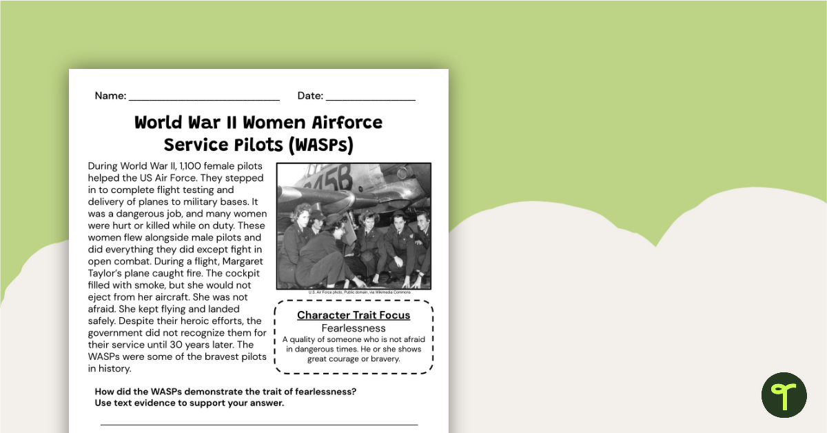 Women Airforce Service Pilots (WASPs) Constructed Response Worksheet teaching resource