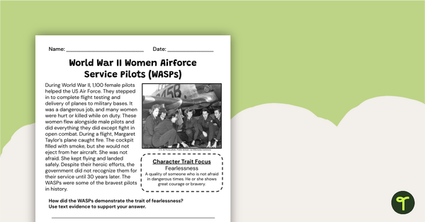 Go to Women Airforce Service Pilots (WASPs) Constructed Response Worksheet teaching resource