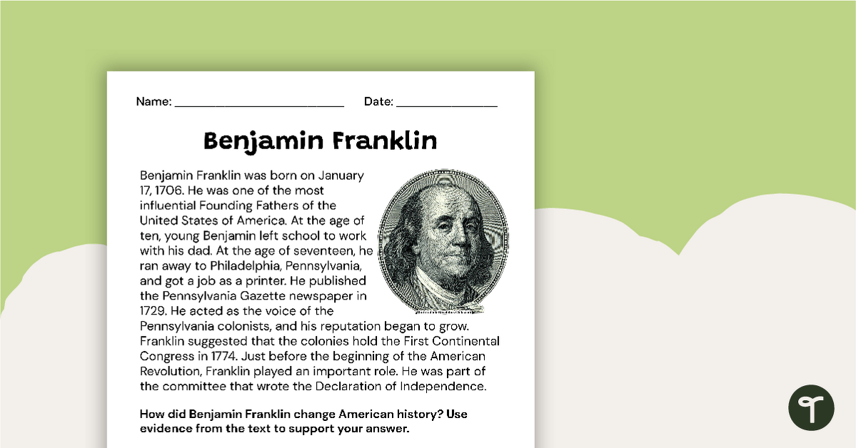 Benjamin Franklin - Constructed Response Worksheet teaching resource