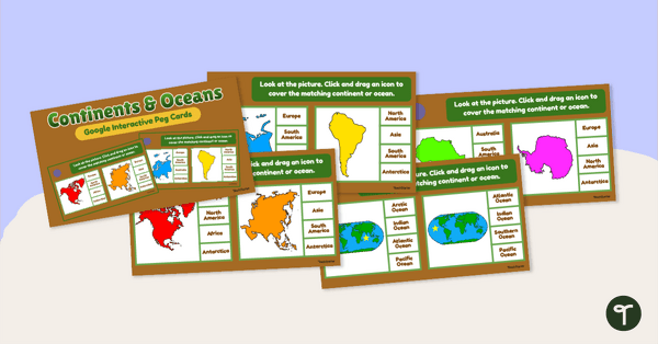 Continents and Oceans - Interactive Peg Cards teaching resource