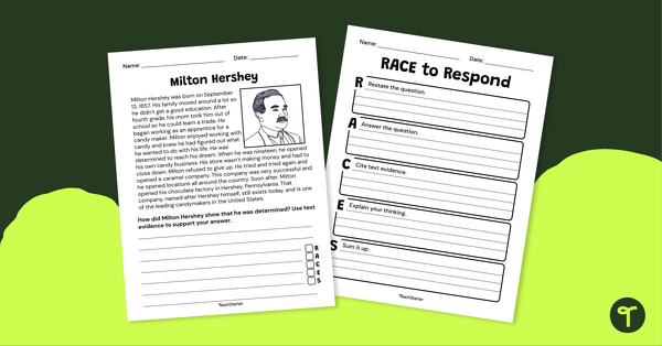 Go to Milton Hershey RACES Writing Strategy Worksheets teaching resource