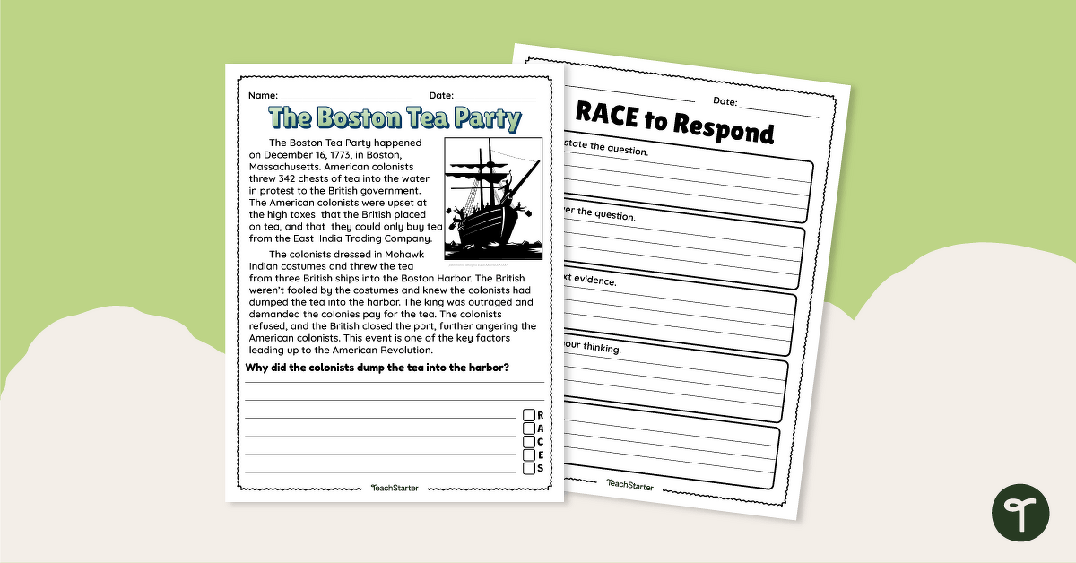 Boston Tea Party - RACES Writing Strategy Worksheet teaching resource