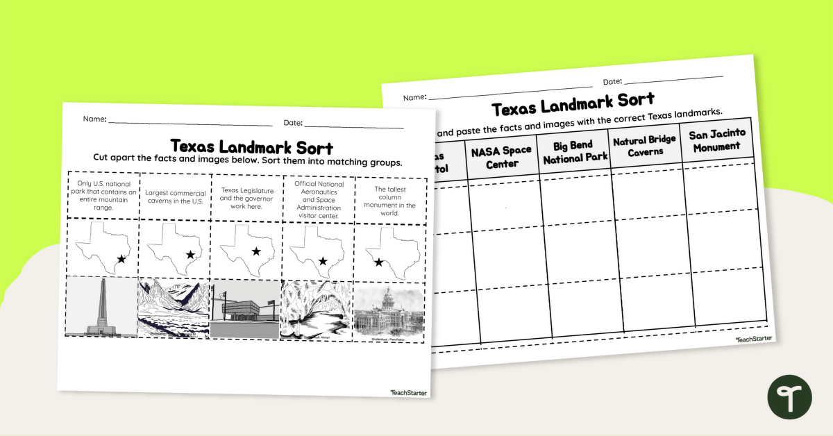 Texas Landmarks Sorting Worksheet teaching resource