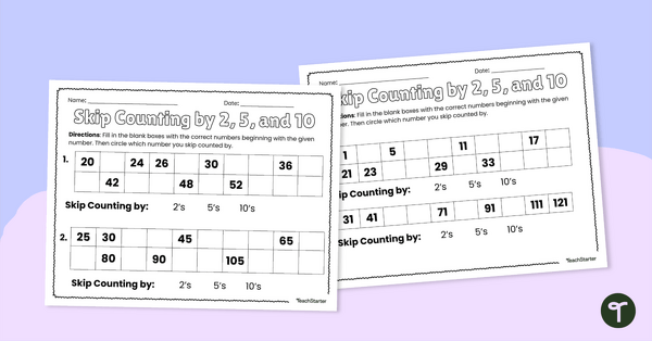 Skip Counting by 2, 5, & 10 – Worksheet teaching resource