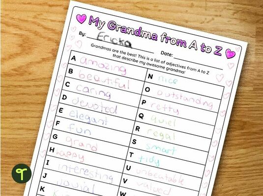 Grandparents Day Worksheet - Adjectives A to Z teaching resource