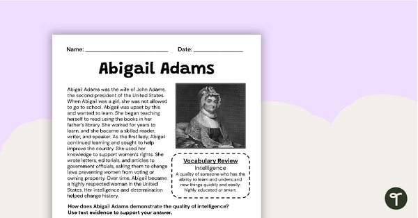 前往阿比盖尔·亚当斯（Abigail Adams）构建响应工作表教学资源