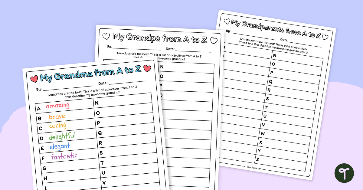 Grandparents' Day Worksheet — Adjectives A to Z teaching resource