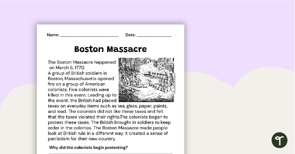 Boston Massacre Passage and Writing Prompt Worksheet teaching resource