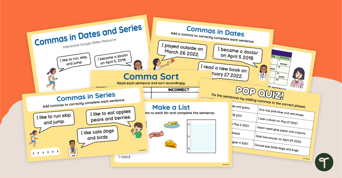 Commas in Dates and Series - Google Slides Interactive Activity teaching resource