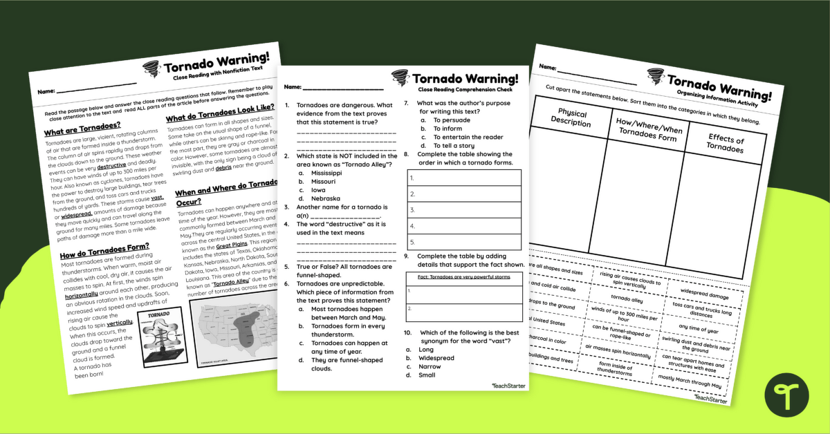 4th Grade Writing Worksheets: Tornado Text-Based Writing teaching resource