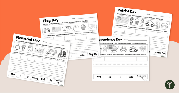 Patriotic Holiday Worksheets – Sentence Building teaching resource