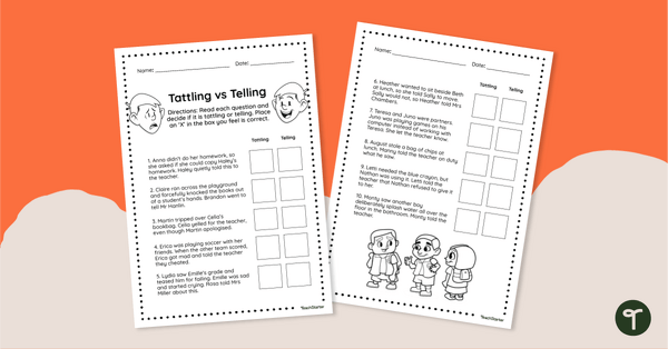 Tattling vs Telling Worksheet teaching resource