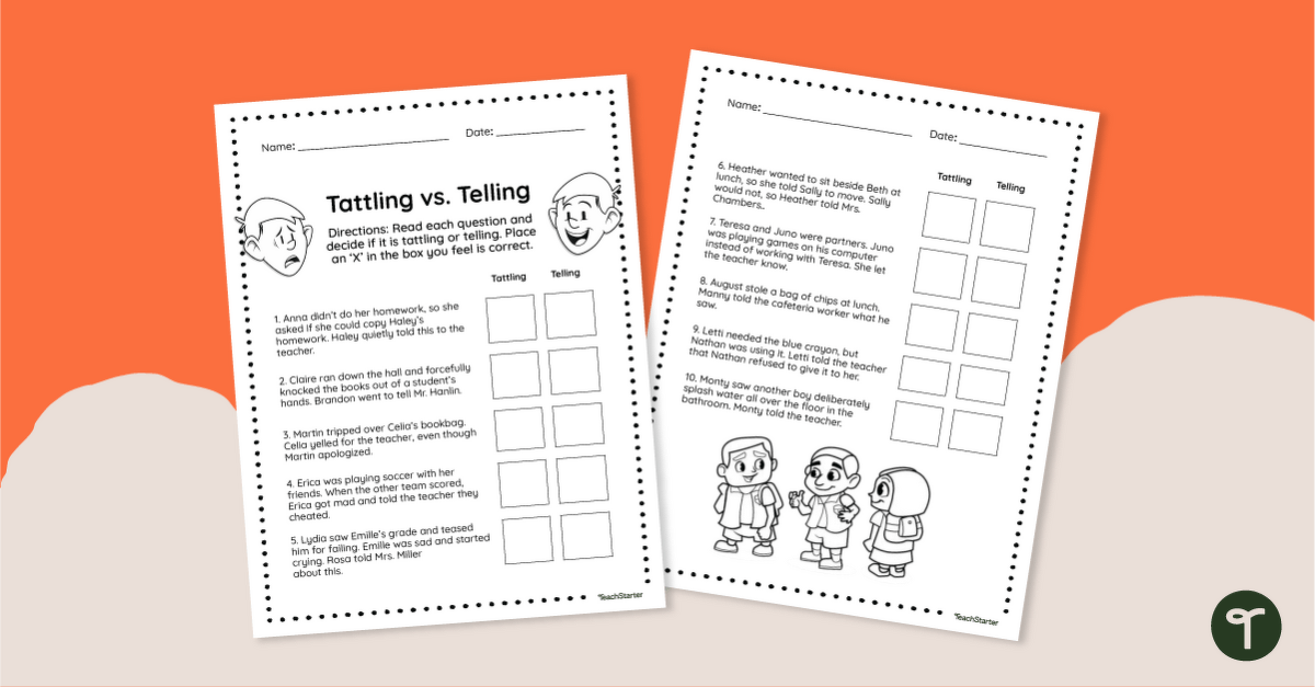 Tattling vs. Telling Worksheet teaching resource