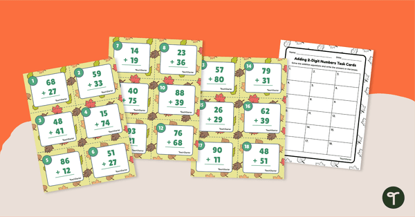 去Adding 2-Digit Numbers - Fall Math Task Cards teaching resource