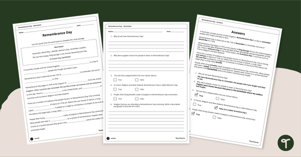 Go to Remembrance Day Comprehension Worksheet teaching resource