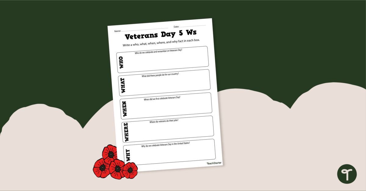 Veterans Day Worksheet - 5 Ws Summary teaching resource