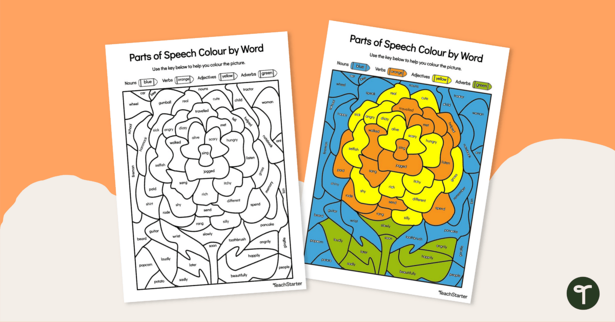 Fall Color By Part of Speech Worksheet - Nouns, Verbs, Adjectives, Adverbs teaching resource
