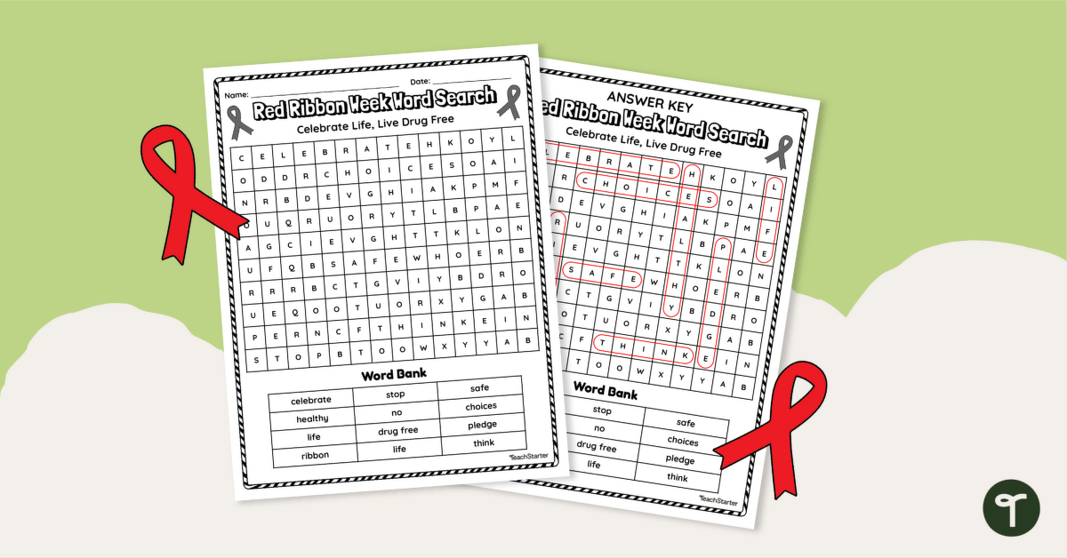 Red Ribbon Week Word Search - Primary teaching resource