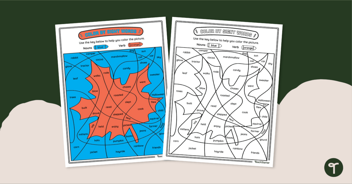 Fall Color by Part of Speech - Nouns and Verbs Worksheet teaching resource