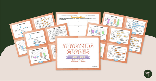 Go to Analyzing Graphs — Scaled Bar Graphs, Pictographs, & Dot Plots —Task Cards teaching resource