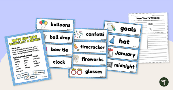 New Year's Vocabulary Cards and Writing Center teaching resource