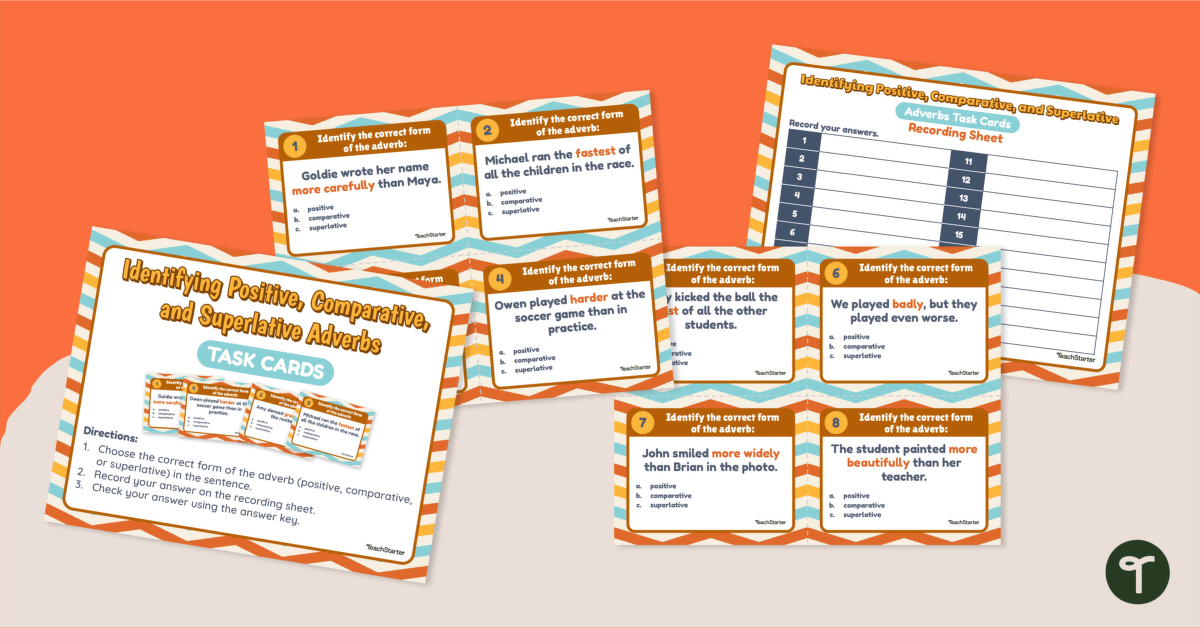 Identifying Positive, Comparative, and Superlative Adverbs - Task Cards teaching resource