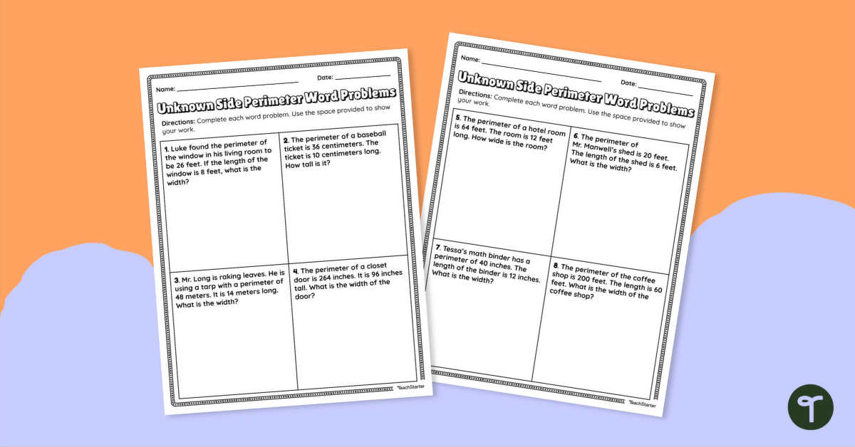Perimeter with Missing Sides – Word Problems Worksheet teaching resource
