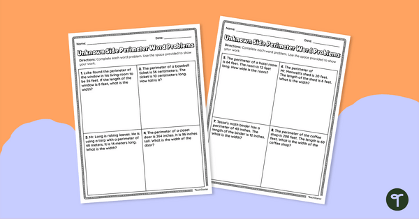 Go to Perimeter with Missing Sides – Word Problems Worksheet teaching resource