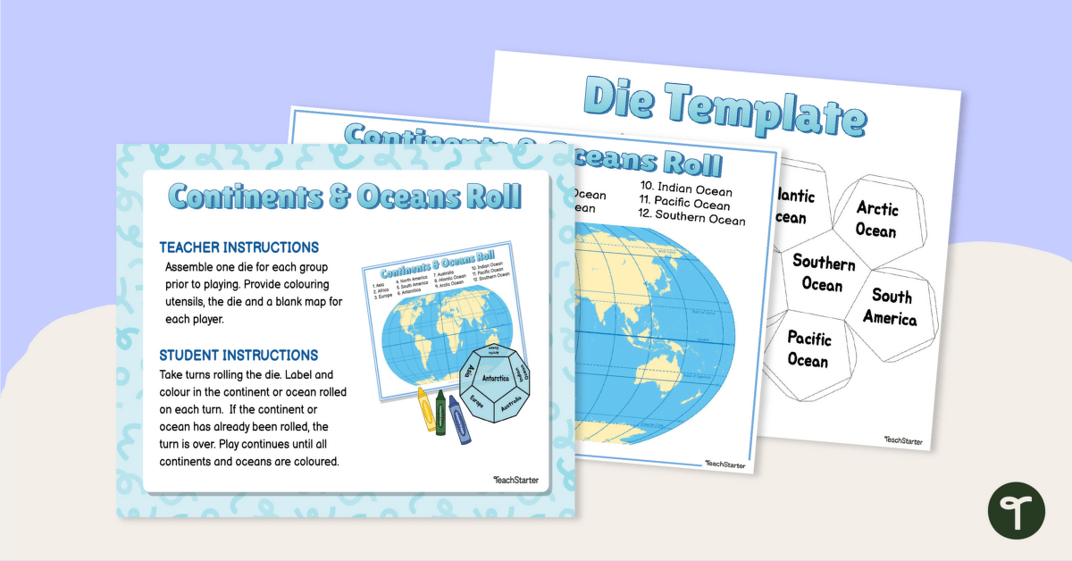 Continents and Oceans Roll and Color Game teaching resource