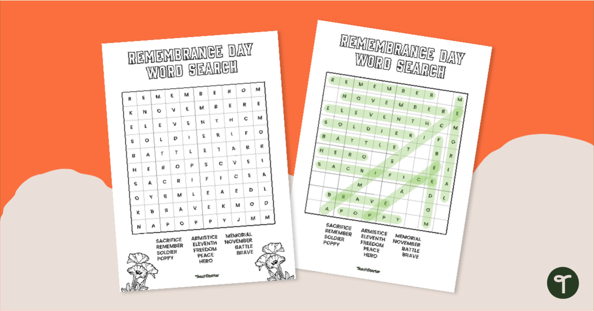 Remembrance Day Word Search - Upper Years teaching resource