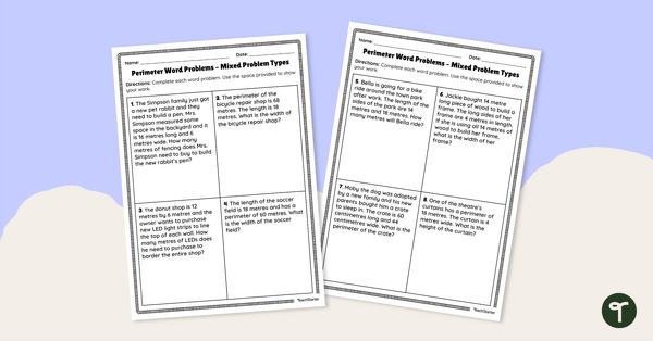 Perimeter Word Problems – Mixed Problem Types – Worksheet teaching resource