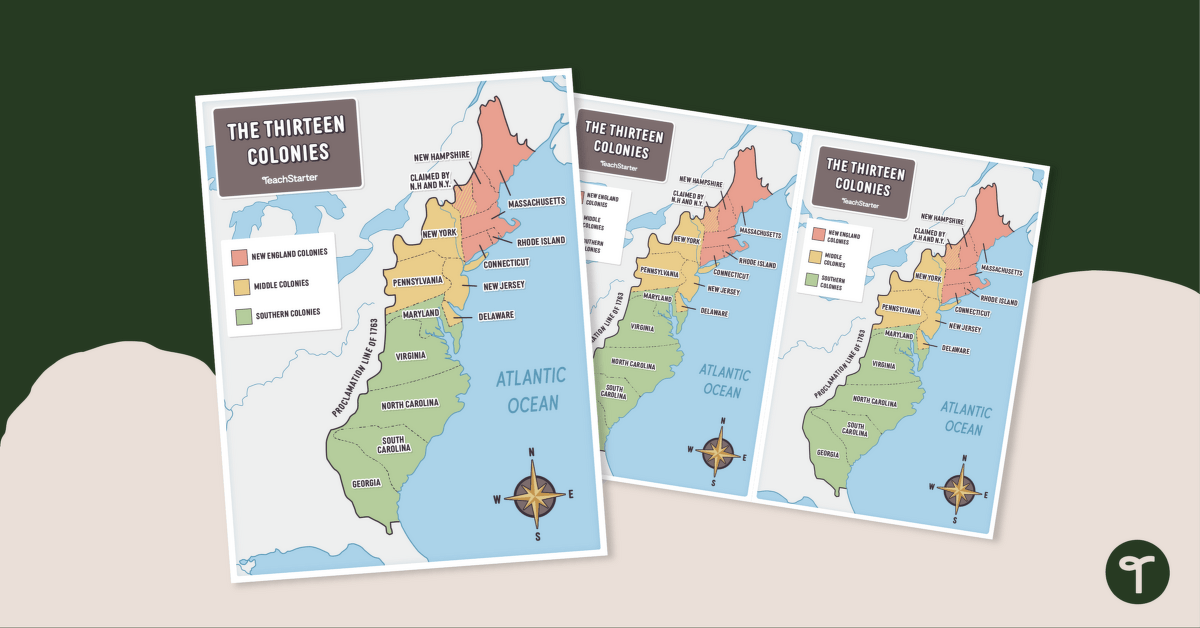 13 Colonies Map — Labeled teaching resource