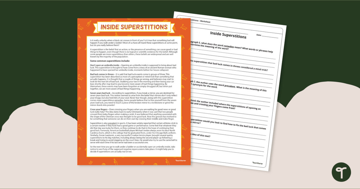 4th Grade Reading Comprehension Worksheets - Superstitions teaching resource