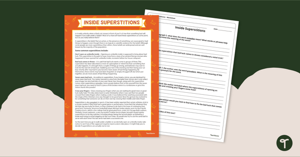 Go to 4th Grade Reading Comprehension Worksheets - Superstitions teaching resource