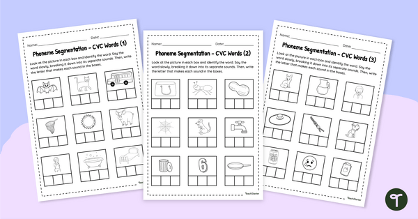 Image of Phoneme Segmentation Worksheets - CVC Words